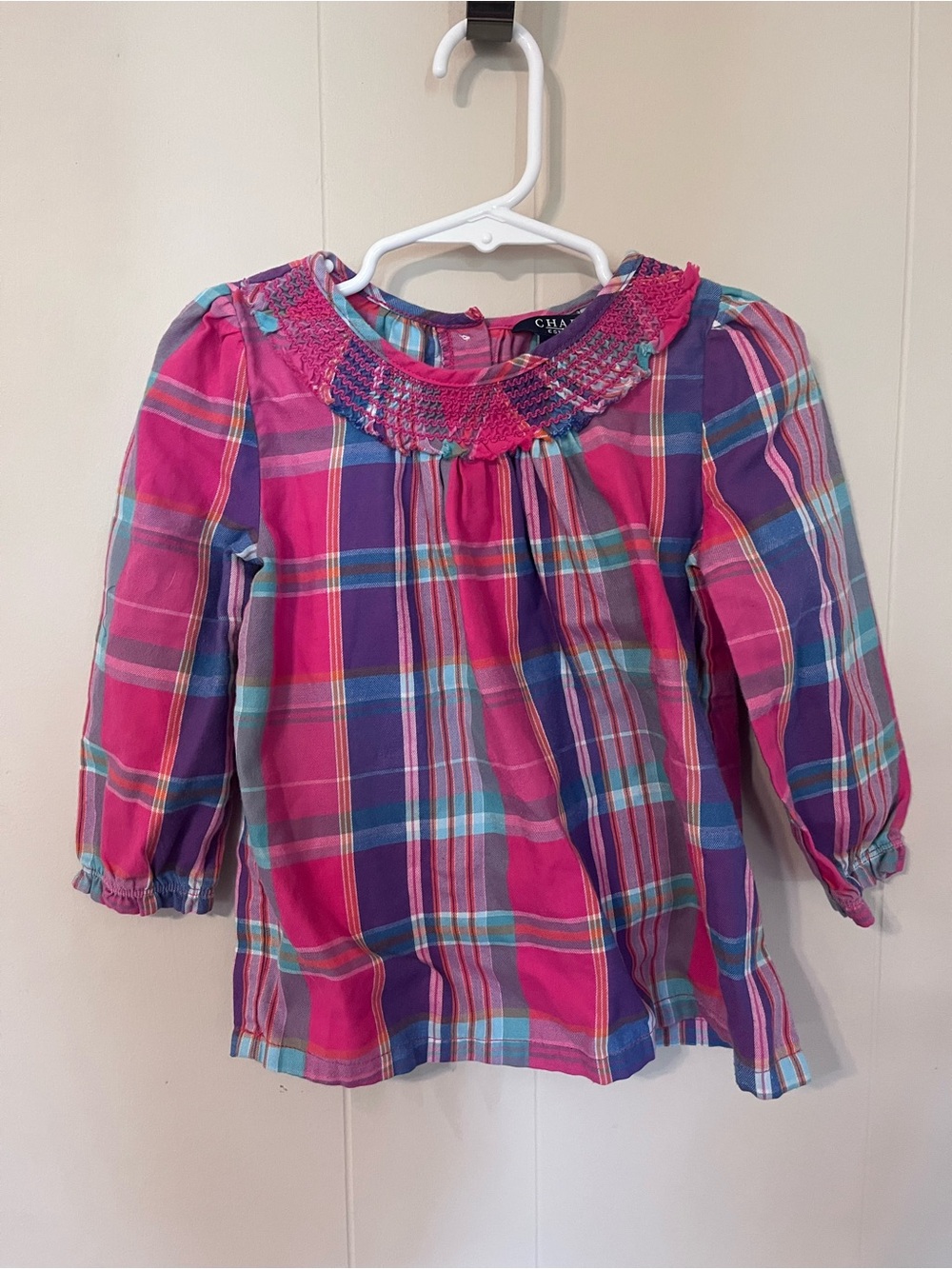 Chaps Girls Pink & Purple Plaid Smocked Neck Blouse